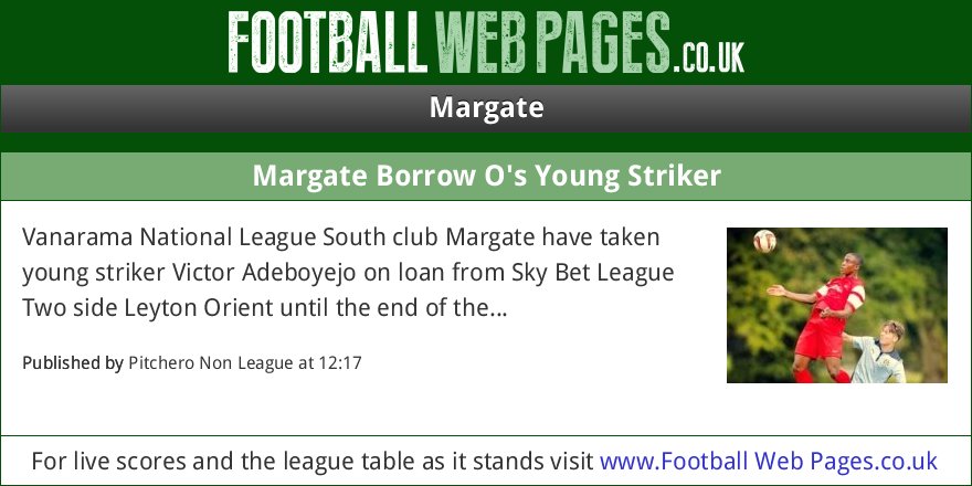 NEWS: Margate Borrow O's Young Striker (via Pitchero Non League) fwp.co/OirHbZ