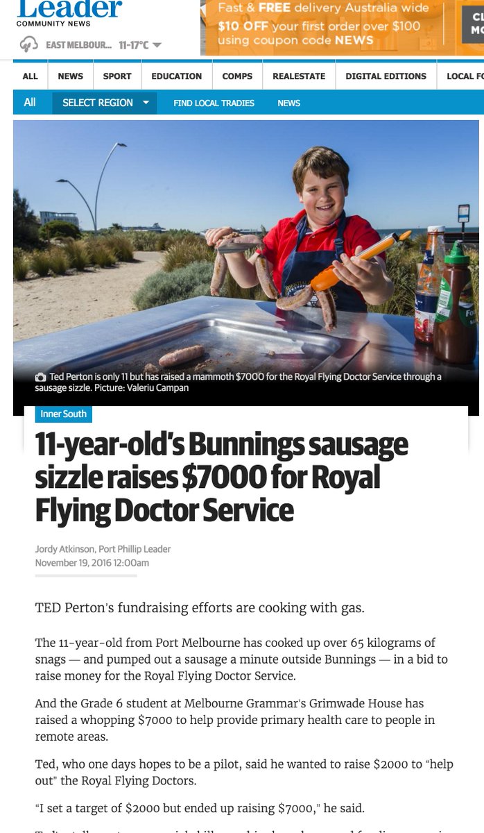 victorperton's tweet photo. Good Read!  "11-year-old’s @Bunnings sausage sizzle raises $7000 for @RoyalFlyingDoc" by @jordyatkinson @PortPhillip https://t.co/1c1ZLX0eru https://t.co/ApPv3N7P7J