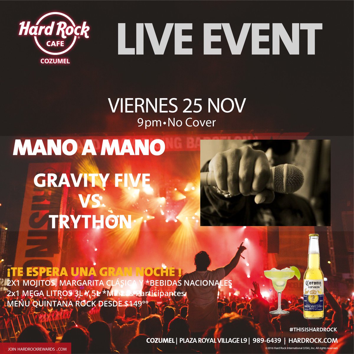 HRCCozumel's tweet photo. Te esperamos a este gran duelo el Viernes 25 a partir de la 9PM #GravityFive vs #Trython 🍻🙆 #ThisIsHardRock #HardRockCafeCozumel #Cozumel https://t.co/9nW6C1Qn5r