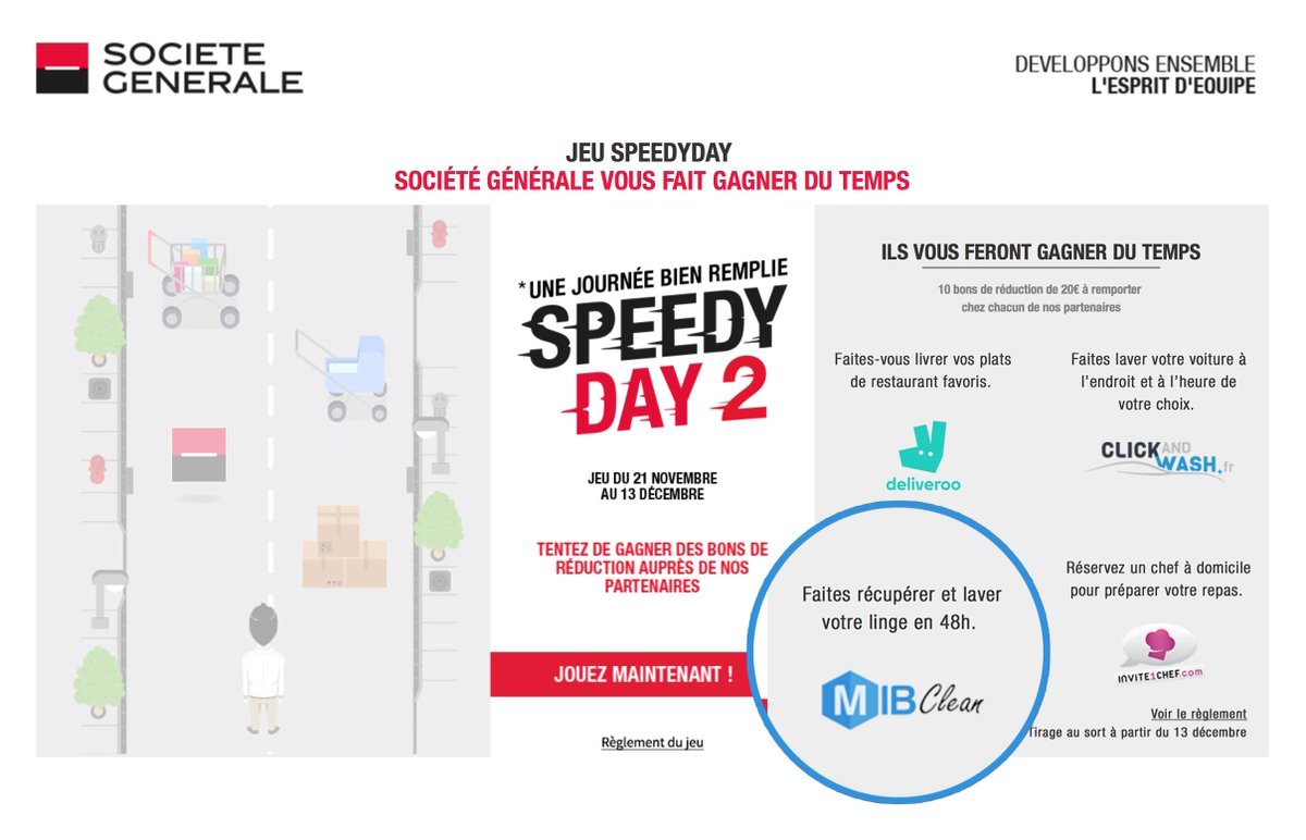 MIBAgence's tweet photo. MIB Clean partenaire de la Société Générale. 200€ de lavage et repassage à gagner grâce au jeu SpeedyDay. On a hâte de laver votre linge ! https://t.co/cbPsyY2ybN