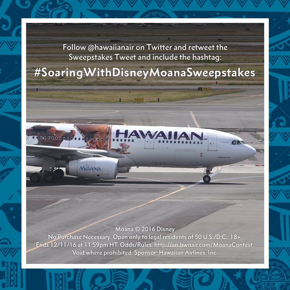 HawaiianAir's tweet photo. Enter @HawaiianAir #SoaringWithDisneyMoanaSweepstakes for a chance to win 140,000 miles + weekly prizes. Follow steps in photo. (1/2) https://t.co/U5czO2OwTA