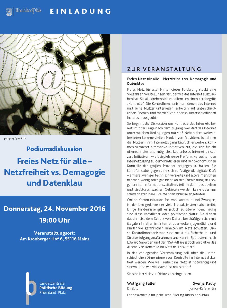 freifunkmainz's tweet photo. Heute 19 Uhr Podiumsdiskussion zu Thema Freie Netze @ Landeszentrale für politische Bildung mit @DieterKugelmann @holgerherzog1 und @altherr https://t.co/8nHXLzPrfN