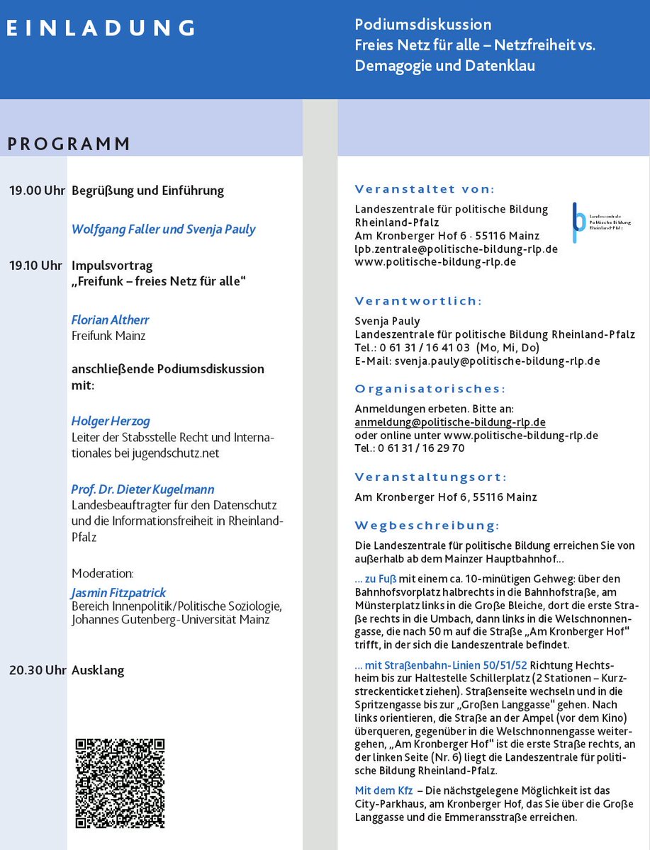 freifunkmainz's tweet photo. Heute 19 Uhr Podiumsdiskussion zu Thema Freie Netze @ Landeszentrale für politische Bildung mit @DieterKugelmann @holgerherzog1 und @altherr https://t.co/8nHXLzPrfN
