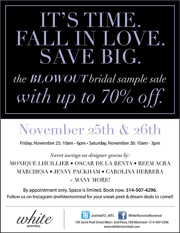 whiteTO_MTL's tweet photo. It's almost here...#WhiteMontréal's sample sale starts tomorrow! Call to save your spot 514-507-4296. #Montréalbrides #bridal #brides #White https://t.co/cd950q2qUz