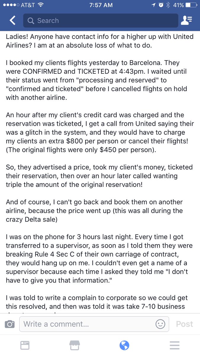 kate_rister's tweet photo. When @united CONFIRMS and TICKETS your reservation, then calls an hour later asking for $800 more per person and blames a glitch 😡 https://t.co/9AWLRatWHt