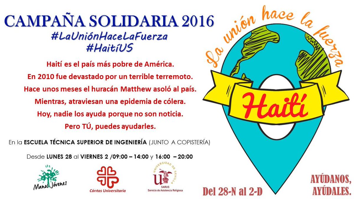 delegacionETSI's tweet photo. La semana que viene estarán los compañeros de @SarusSevilla y @CaritasUnivers con la Campaña Solidaria: https://t.co/an71MPSDuZ