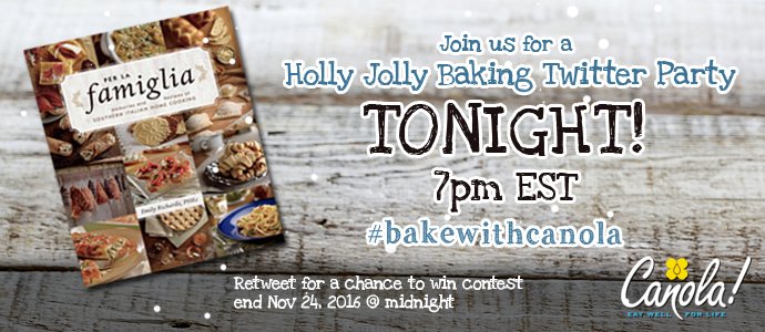 RT for a chance to win a copy of <a href="/ERiscooking/">Emily Richards</a> 's cookbook &amp; $100 grocery gc. Then, join us tonight for a #BakeWithCanola Twitter Party!