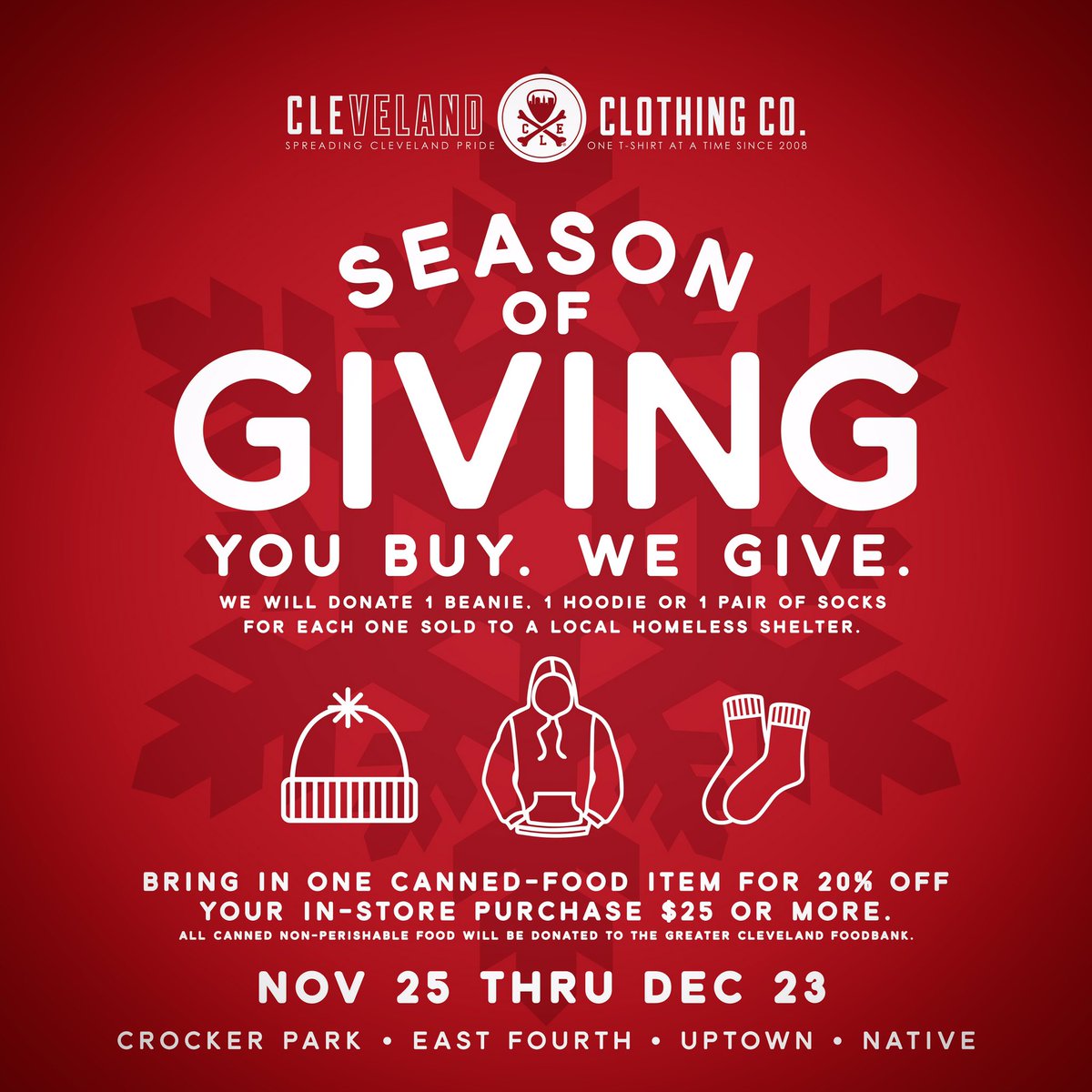CLECLOTHINGCO's tweet photo. The "Season of Giving" starts tomorrow at 11am. We will donate 1 Hoodie, Beanie or Pair of Socks for each one sold. Happy Thanksgiving! https://t.co/iw0hIzwg6q