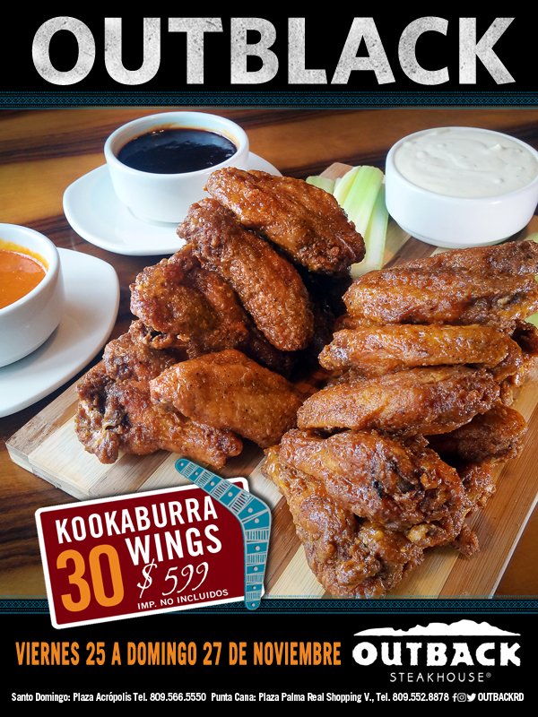EmailMS's tweet photo. #OutbackRD Oferta Black Friday | 30 KOOKABURRA Wings $599 + imp. Viernes 25 a Domingo 27 @OutbackRD #blackfriday #wings #blackfridaydeals https://t.co/HOSTiuRV4g