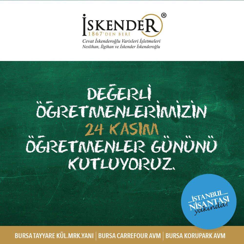 iskender's tweet photo. Öğretmenlerimizin öğretmenler günlerini kutlarız 
#öğretmenlergünü #iskender #kebapçıiskender #24kasim https://t.co/a4M7qi1Yyr