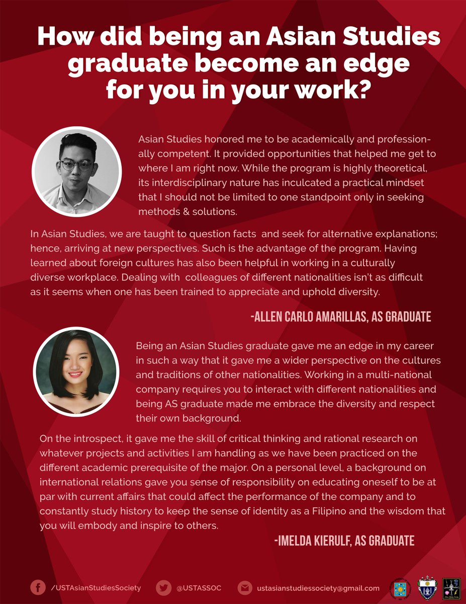 assoc_ust's tweet image. HUMANS OF AS

How did being an Asian Studies graduate become an edge for you in your work?

#HumansOfAS #BeyondAS #ASWeek