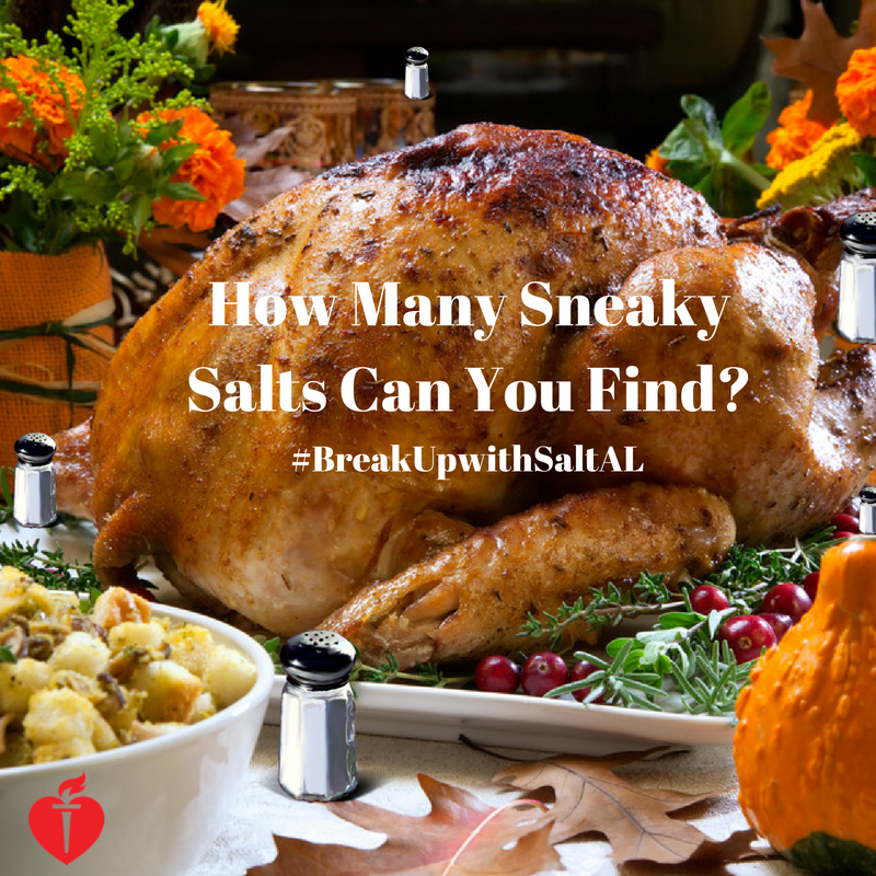 HeartAlabama's tweet photo. How many #SneakySalt shakers can you find this #Thanksgiving? Answer for chance to win a low-sodium cookbook! #BreakUpwithSaltAL @STVHealth https://t.co/XRvOX5QS52