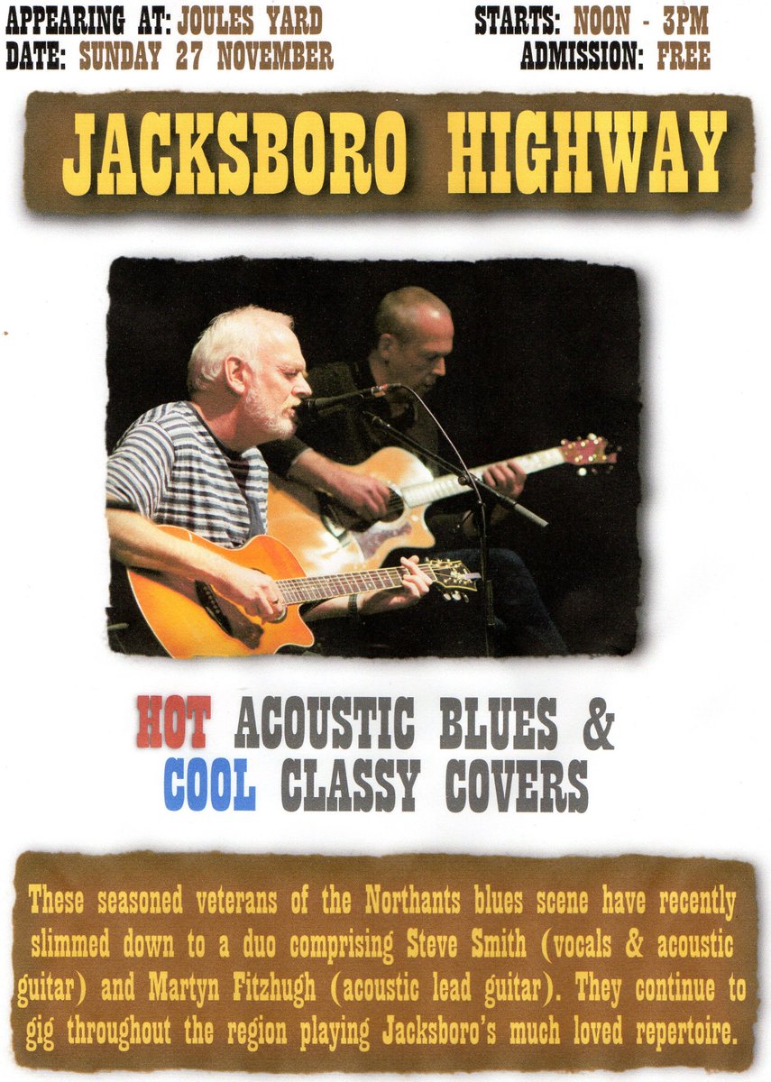 JoulesYard's tweet photo. Sunday - Jacksboro Highway - 'The regions top acoustic blues &amp; covers band' - Music 12-3pm - Food available 9.30am-2pm.#Harborough https://t.co/x6FOptZJrh