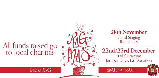 AUSA_RAG's tweet photo. Come and join RAG on Monday 28th of November outside the Sir Duncan Rice library to get into the festive spirit 🎅🏻🎄⛄️  #RAGMAS https://t.co/8rPOTOvf5b