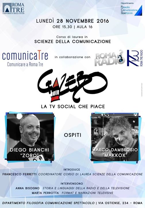 annabiso73's tweet photo. @comunicatre3 riparte con @zdizoro e @makkox: @welikechopin, La Tv social che piace #scienzedellacomunicazione @UnivRoma3 @Roma3Radio https://t.co/Pfziu1SWQD