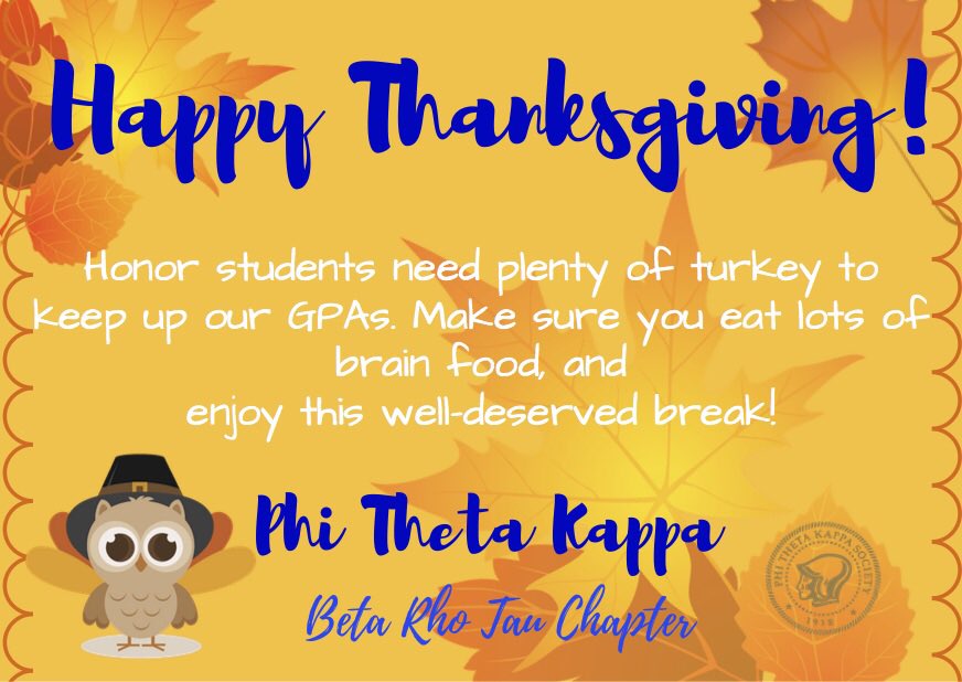 PTK_OC's tweet photo. Happy Thanksgiving from the Beta Rho Tau Chapter! We're thankful for all of our incredible members! #PhiThetaKappa #OxnardCollege 💙💛🦃💙💛 https://t.co/7WChN42IqR