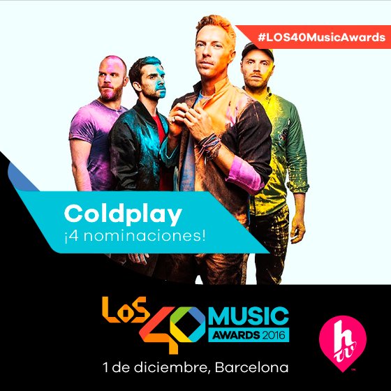 HTVMusica's tweet photo. ¿Y esos colores? ¡Es @coldplay que está nominado como grabación internacional del año! #LOS40MusicAwards? 😍 https://t.co/1DaZMqA5GW