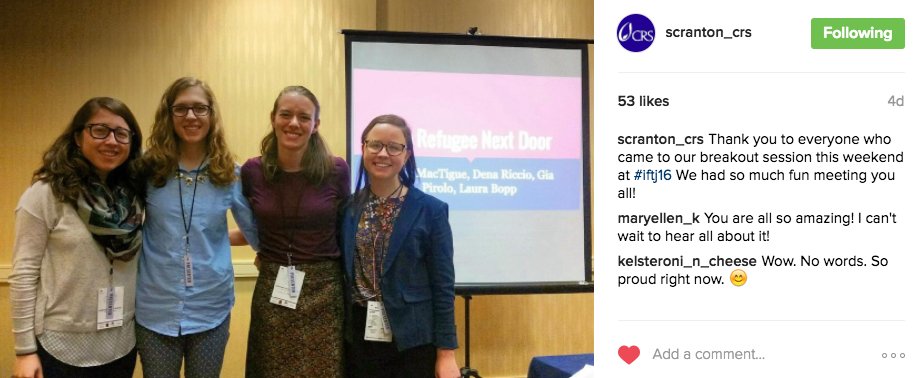 CRSUniversity's tweet photo. #tbt to #iftj16--we couldn't be more proud of our CRS Ambassadors from @scranton_crs @univofscranton for hosting a session on #IamMigration! https://t.co/rXaKRtrgFG