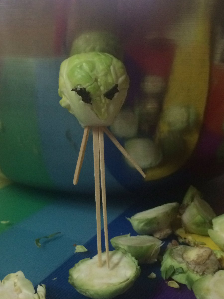 AlisonAtlee's tweet photo. We interrupt Thanksgiving cooking in order to bring you a Brussels sprout alien. https://t.co/fPQCdd0b2d