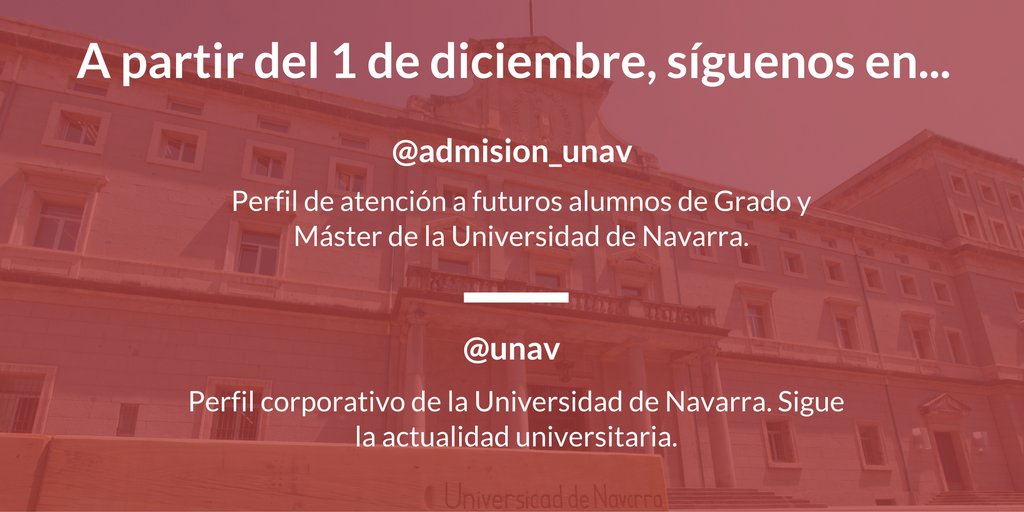 UNAVmasters's tweet photo. Recuerda que a partir del 01/12, la actualidad de los Máster en Twitter se publicará desde @admision_unav y @unav ¡Mantente informado! https://t.co/bb05JC5bpY