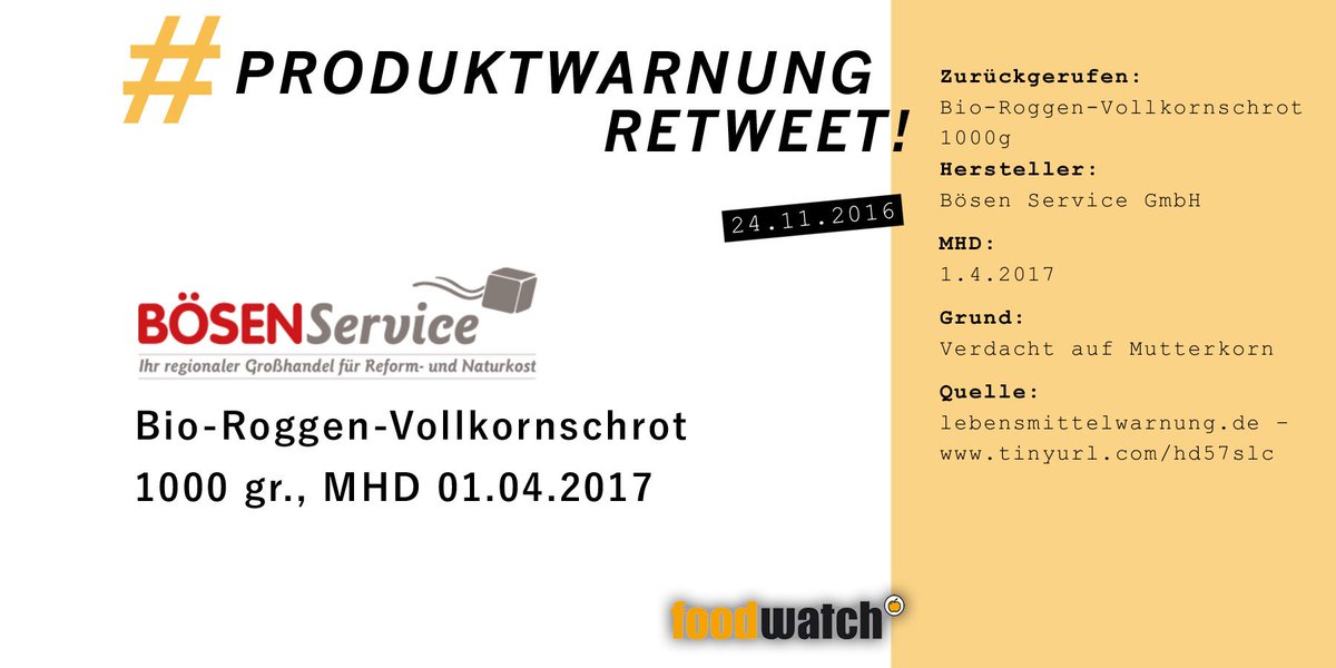 foodwatch_de's tweet photo. #Produktwarnung: Bösen ruft Bio-Roggen-Vollkornschrot (100g MHD 1.4.17) zurück, Verdacht auf hochgiftiges Mutterkorn https://t.co/5wAaTRthyQ https://t.co/j9lVpHgmCk