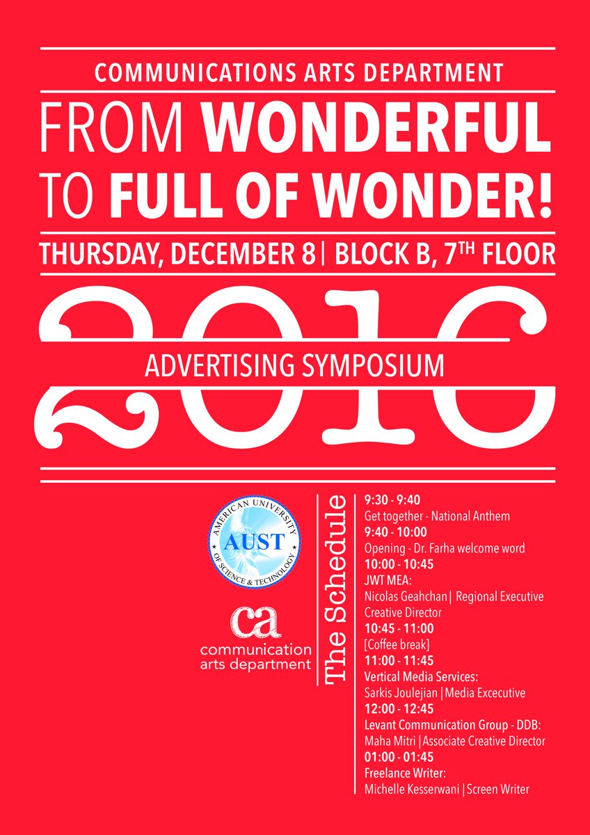 comartsevent's tweet photo. The Communication Arts department cordially invites you to attend the Advertising Symposium: "From Wonderful to Full of Wonder". https://t.co/RX2THCnbU9