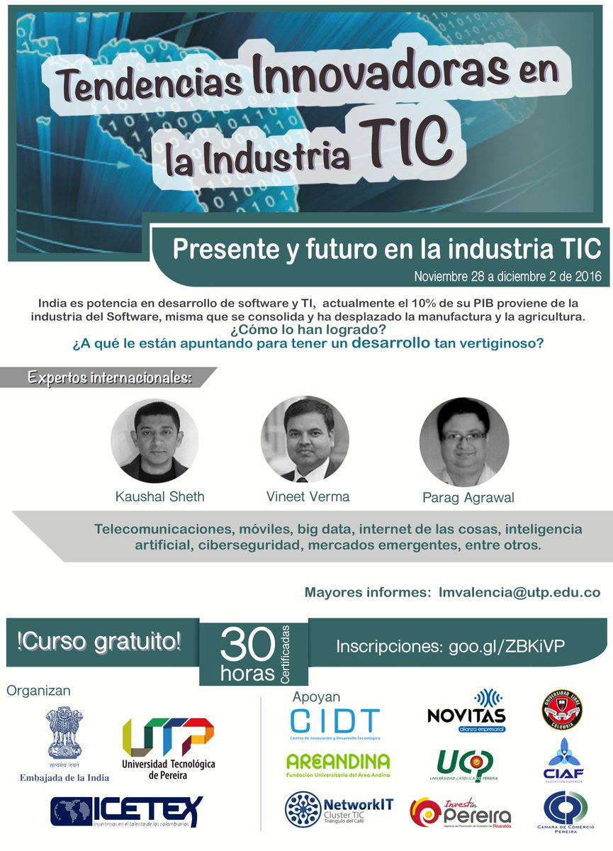 No te pierdas: #CursoGratuito de 30 horas certificado por la <a href="/UTPereira/">UTP</a>, con expertos #TI de la India.
Inscríbete: goo.gl/ZBKiVP