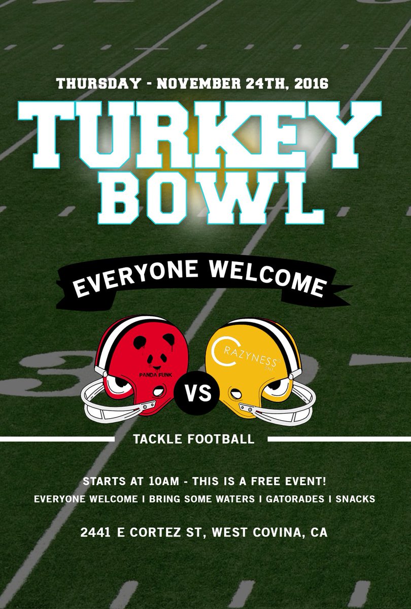 Happy thanksgiving fam. If you have some free time today go out and support Panda Funk on their annual turkey bowl. https://t.co/1Mic5cUZiY