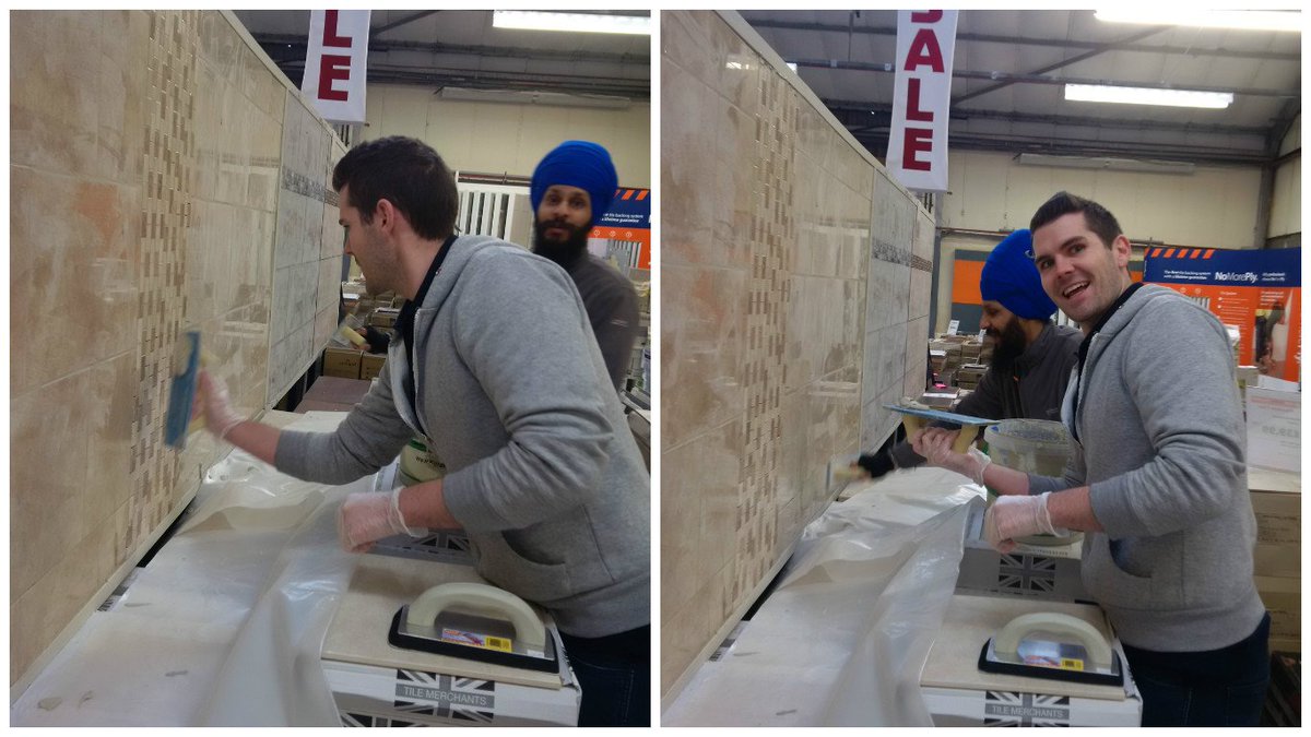 NoMorePly's tweet image. Here's Joe and Guru getting their hands dirty doing a bit of grouting at @SimclickTiles