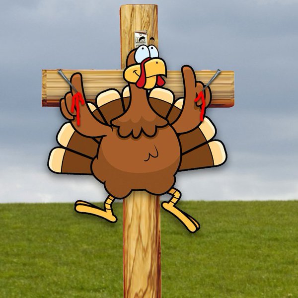 creationistcat's tweet photo. In our household we like to crucify our turkey, itsh a fun way to make da holiday more Christian. https://t.co/vEeKmW1QXA