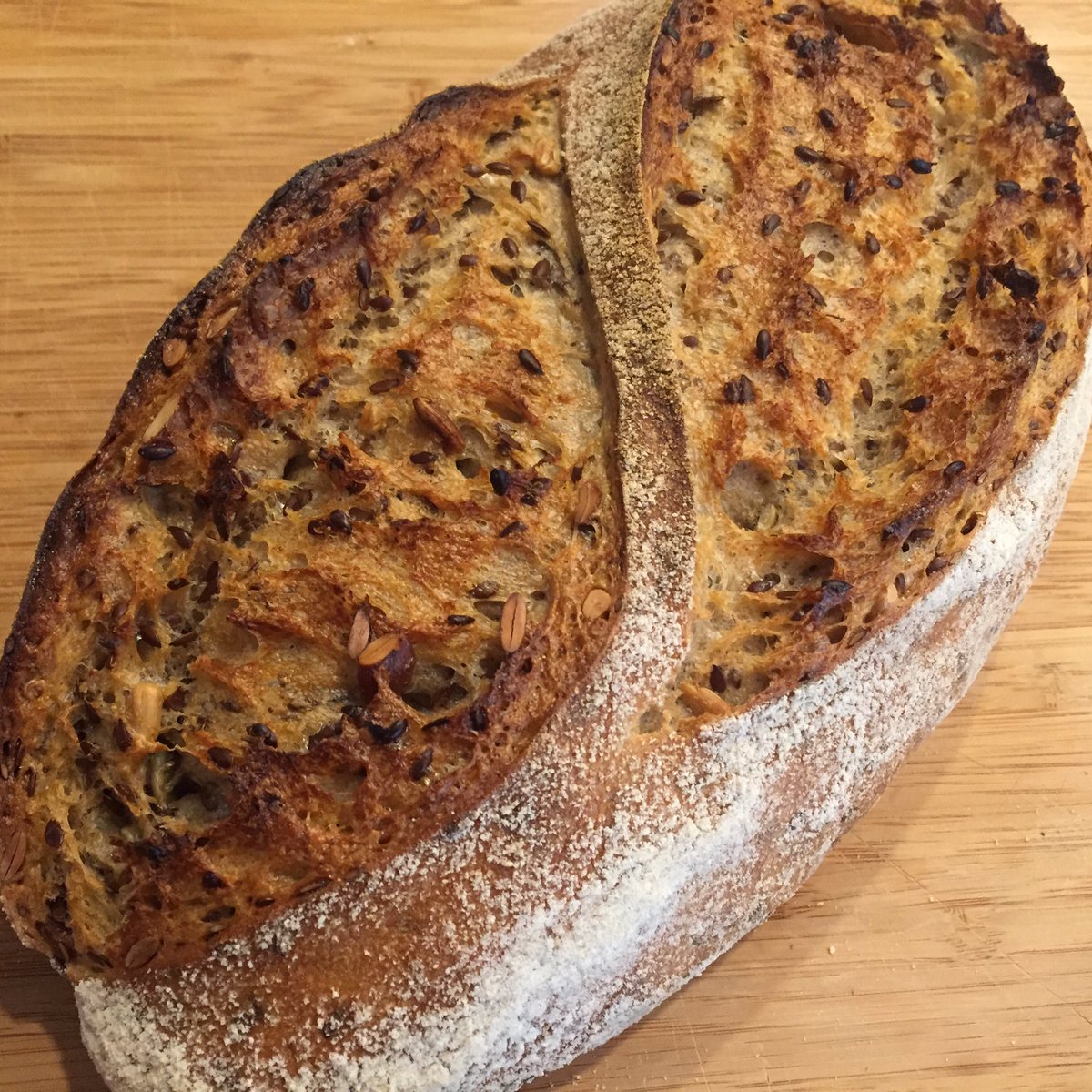 ChezPain's tweet photo. Naturally leavened seeded wheat for family Thanksgiving dinner. Happy Thanksgiving everybody! https://t.co/wOWlVHfjvC