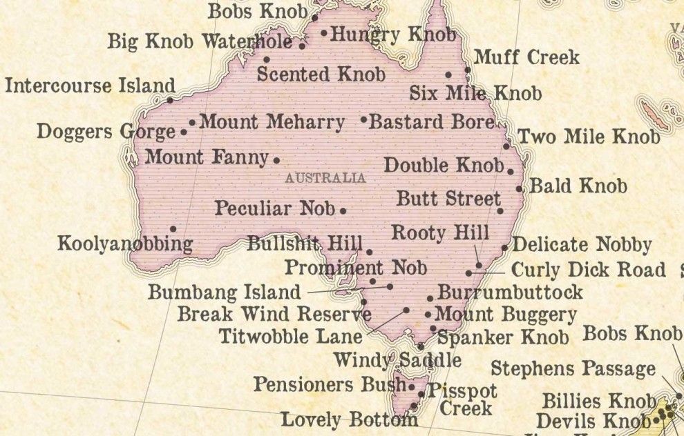 UberFacts's tweet photo. Someone made a map of every place with a rude name in the UK, US and Australia... (via MarvellousMaps) https://t.co/5Dk6rrV5Ct
