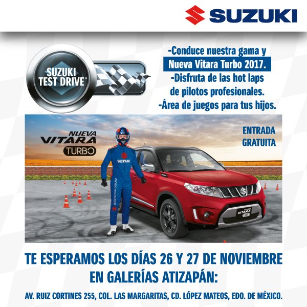 SuzukiSatelite's tweet photo. Ven a conducir el Suzuki de tus sueños.
La Cita es este 26 y 27 de Noviembre a partir de las 10:00 am en Galerías Atizapan Entrada GRATUITA https://t.co/0CtPAmbg9W