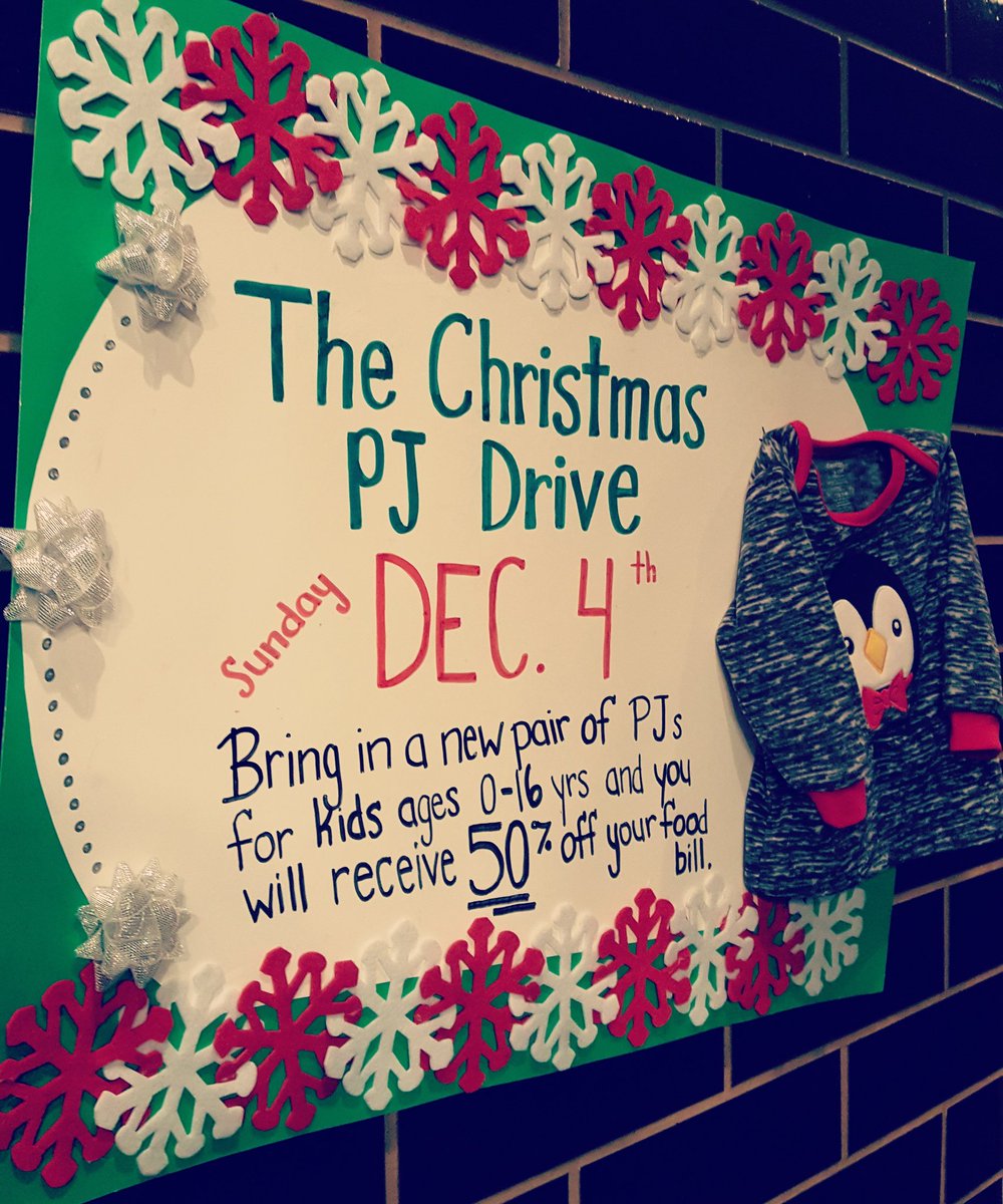BrownsTwnCentre's tweet photo. Bring in a new pair of pyjamas for kids aged 0-16 on December 4th and get 50% off your food bill! #PyjamaDrive #BrownsGivesBack https://t.co/2O7RscPMKz