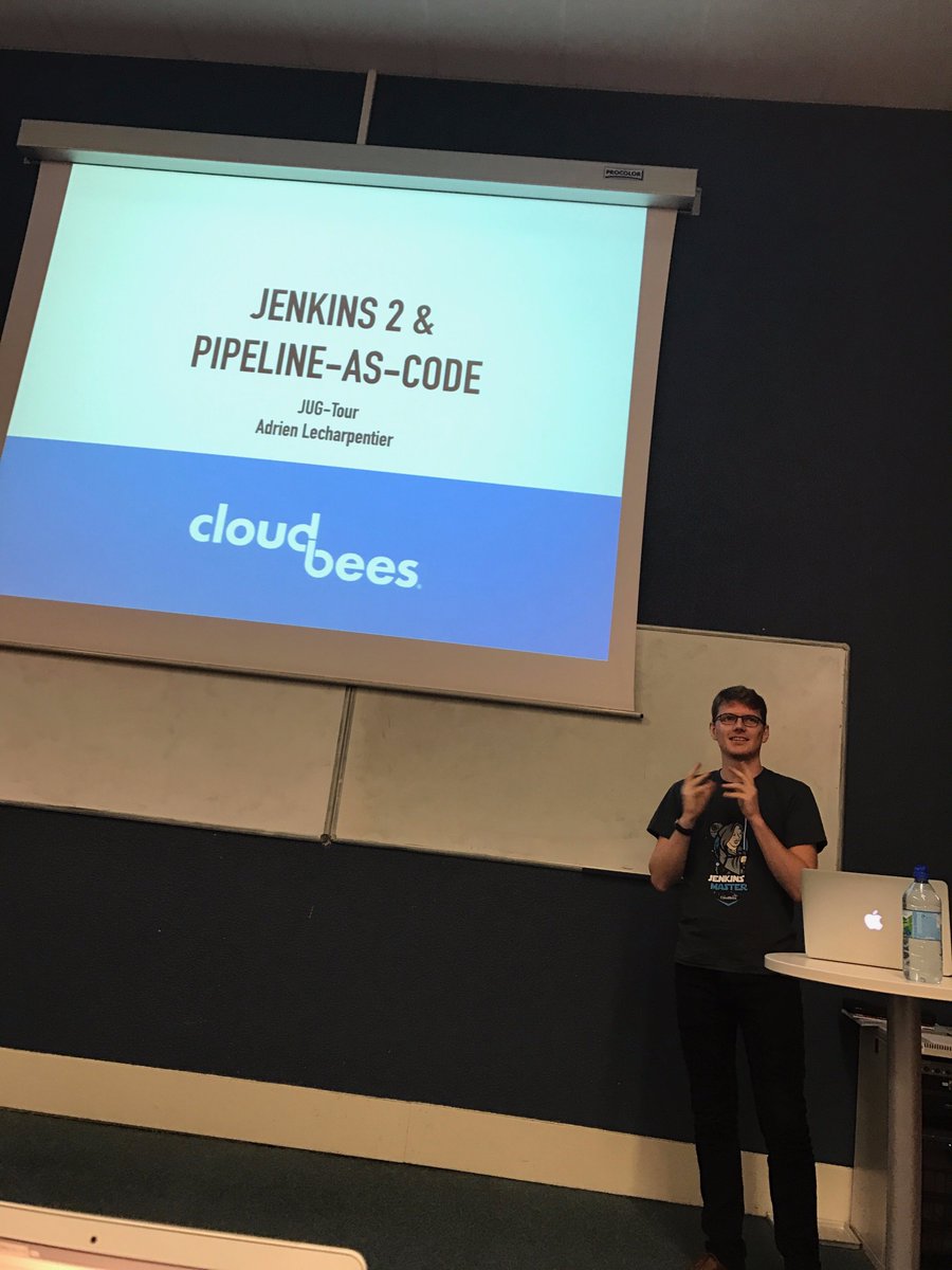 LyonJUG's tweet photo. En direct de la présentation d'@alecharp sur #Jenkins2 @CloudBees https://t.co/RJzJSOq3CW