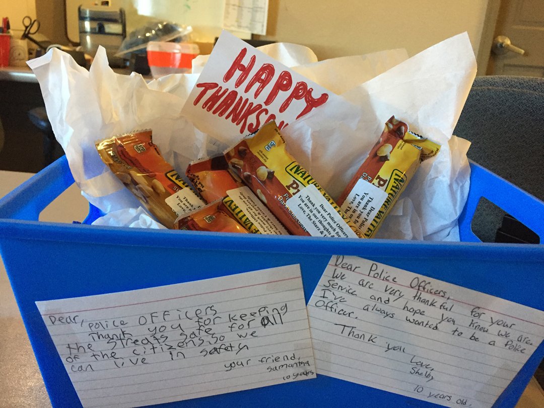 ArapahoeSO's tweet photo. Deputies found this care package at one of our substations. Thank you Samantha and Shelby. We are thankful for you and your support! https://t.co/W2t57F68M6