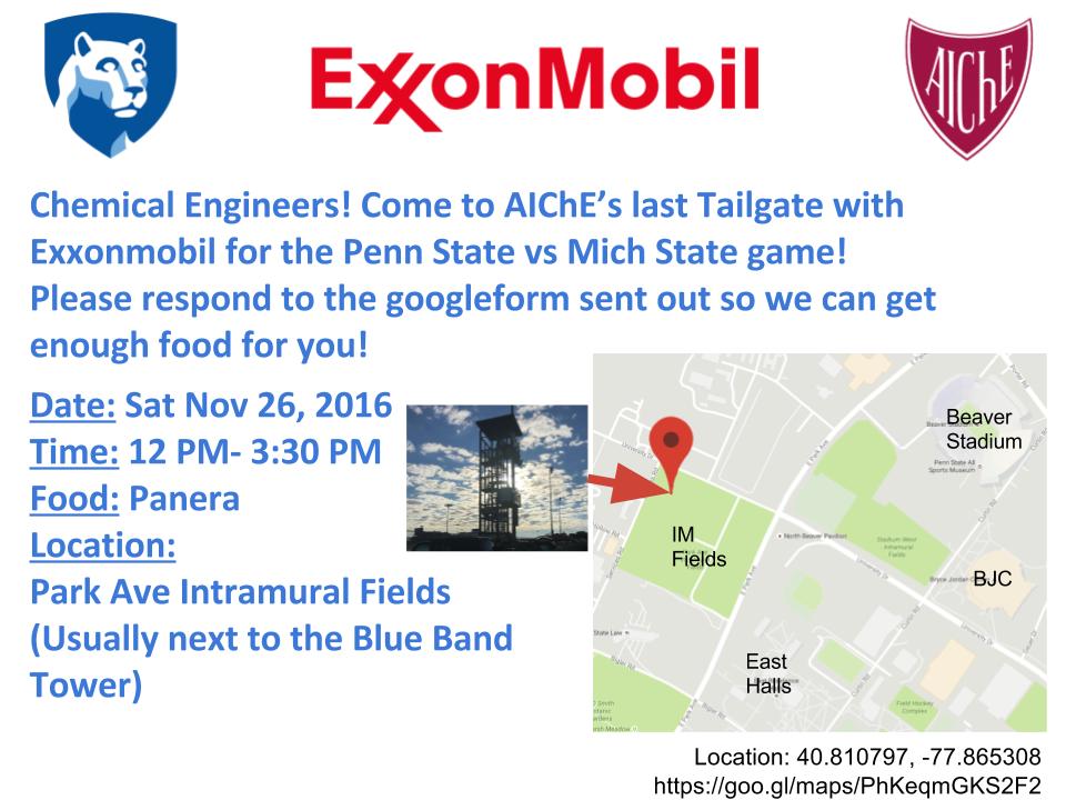 PSUAIChE's tweet photo. Join us this Sat for the last tailgate of the season sponsored by ExxonMobil! https://t.co/rP4DbCh3o2
