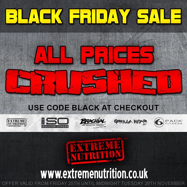 Extreme_UK's tweet photo. Well, it's #blackfriday somewhere, right!? Up to 50% of RRP site wide! #blackfridaydeals @ #extremenutrition start NOW! https://t.co/WrazD01Jno