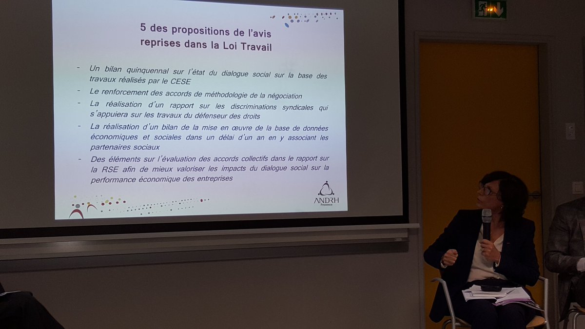 SSchemb's tweet photo. #AndrhProvence Intervention de Sylvie Brunet Présidente de la section travail et emploi au CESE sur le dialogue social https://t.co/fLrkEZwIg9