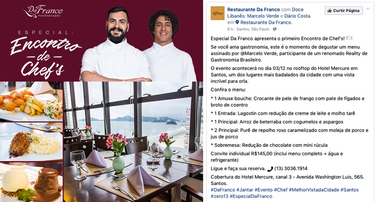 docelibanes's tweet photo. Especial Da Franco apresenta o primeiro Encontro de Chef's!  
Dia 03/12 em Santos! Ligue e faça sua reserva. 📞 (13) 3036.1914 https://t.co/xWRa0fagUv