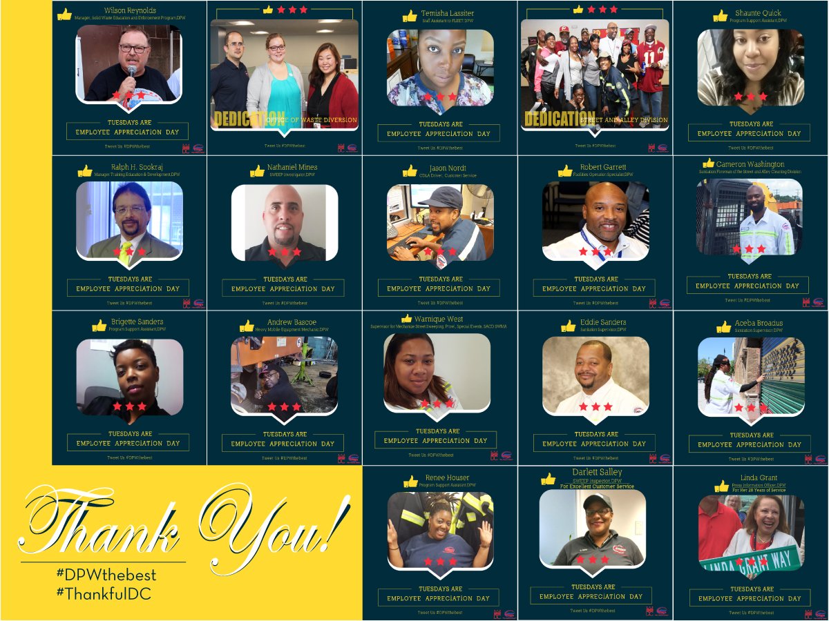 DCDPW's tweet photo. We've recognized 18 employees. Today, we thank all DPW employees for working hard to maintain our city in the best way we can.#ThankfulDC https://t.co/hpz7P5qYwn