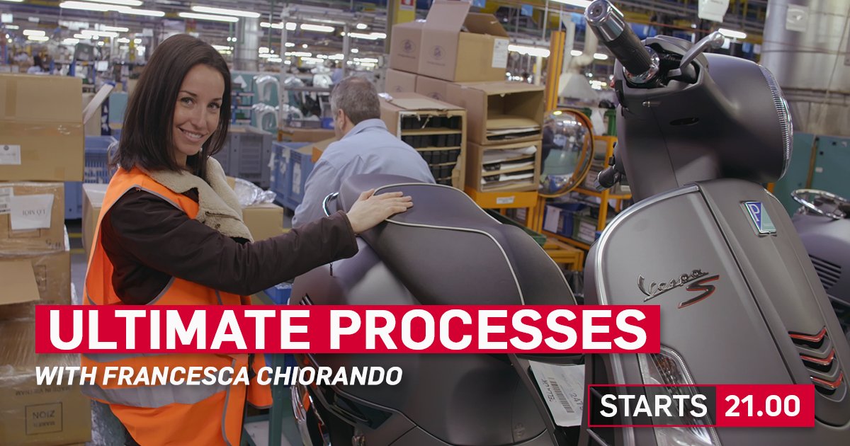 WatchInsightTV's tweet photo. .@FranChiorando is about to discover how they build Vespas...and to try them too! Don't miss #UltimateProcesses, tonight at 21:00 (CET). https://t.co/Kx1BMx7woD
