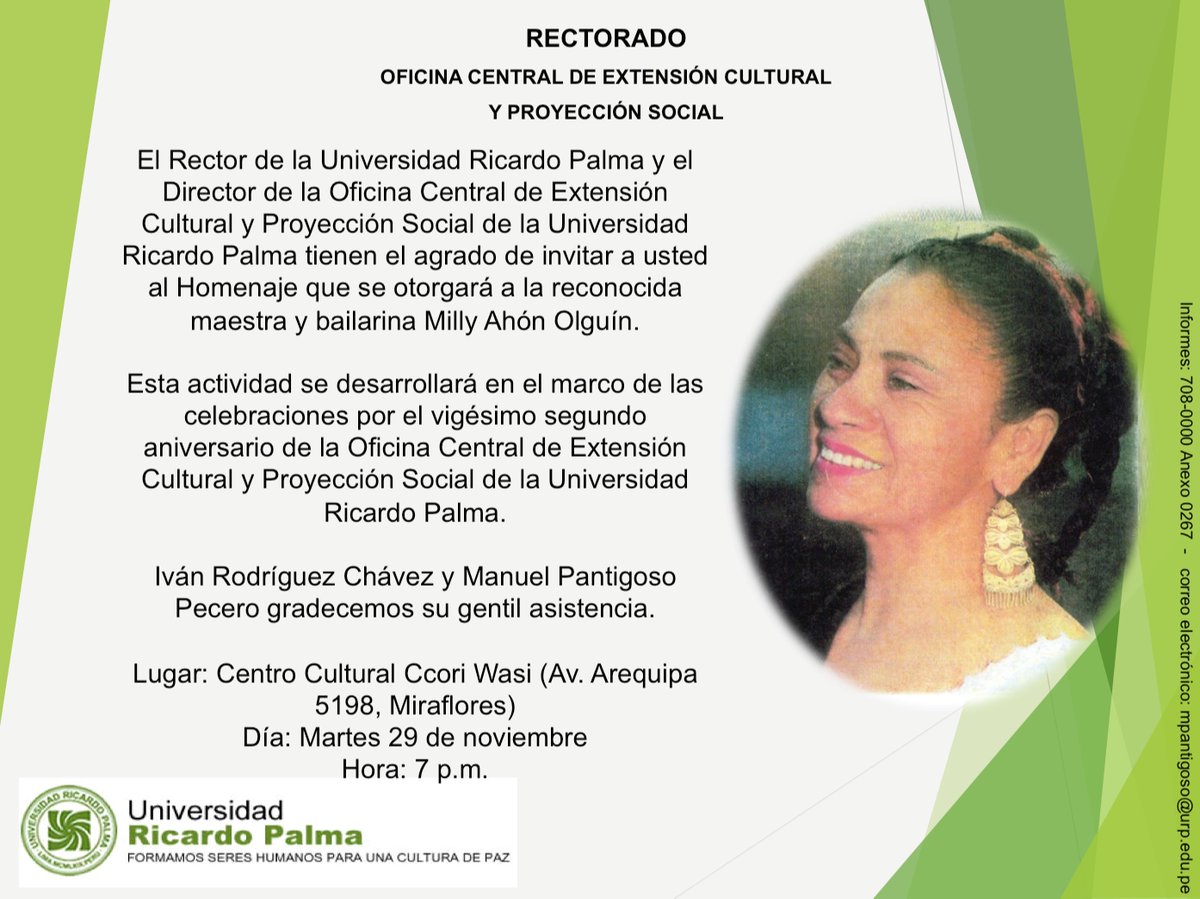 Homeje de la <a href="/urpalma/">Universidad Ricardo Palma</a> a la Maestra y Bailarina <a href="/MillyAhon/">Milly Ahon Olguin</a> - 29 nov.  7pm - Centro Cultural Ccori Wasi #marinera #folklore #cultura #danza