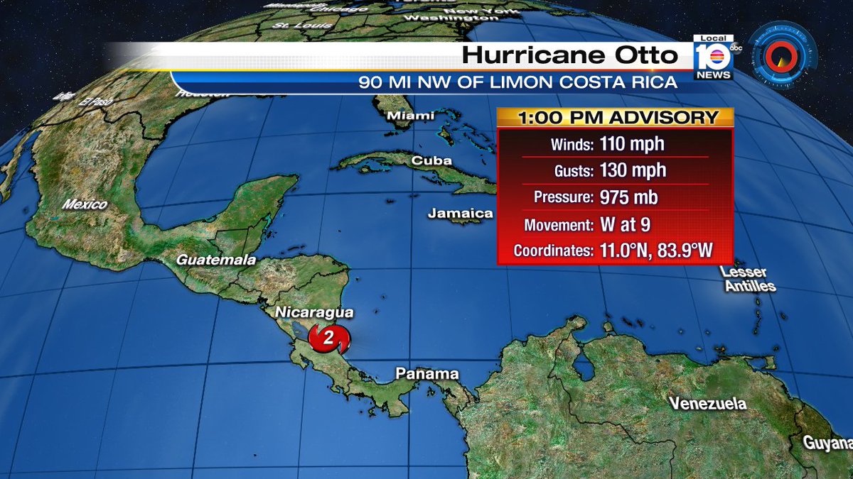 From @TrentAricTV Hurricane Otto moving into Nicaragua and Costa Rica today as a Category 2 Hurricane https://t.co/WsD2KzdkDF