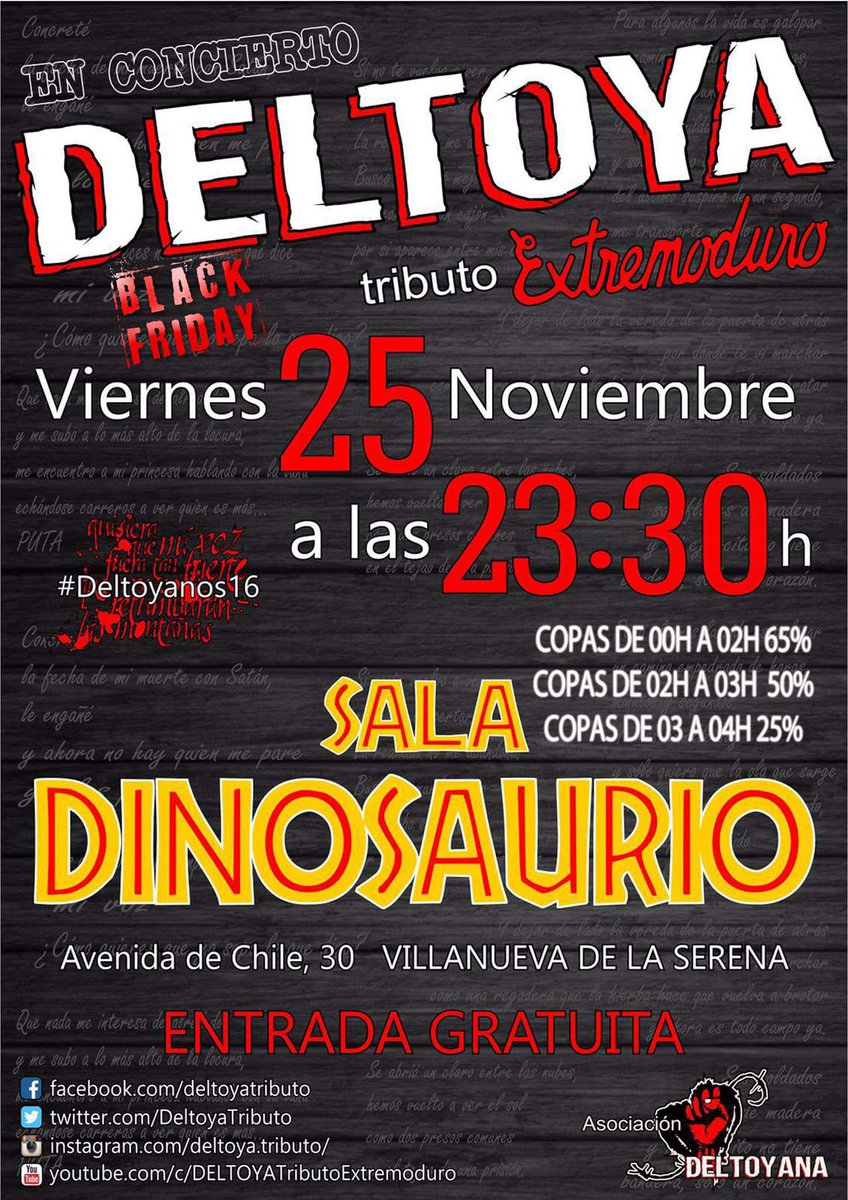 German_Djj's tweet photo. Este #Viernes en @DINOSAURIO_Vva #Concierto 🎸🎵🎶 TRIBUTO A #Extremodura con #Deltoya y Copas a 65% 50% 25% de descuento 🍸🍸 https://t.co/49tP8XFEAx