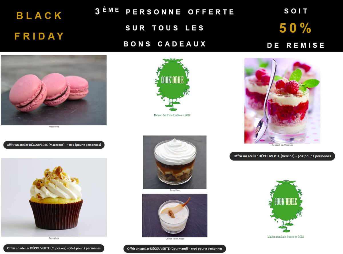 Cook_Odile's tweet photo. Le #BlackFriday c'est 50% sur les #bonscadeaux des #ateliers de #pâtisserie !
C'est le moment de se faire plaisir !
https://t.co/wZxZvC2Xa7 https://t.co/KuyjBn7o3e