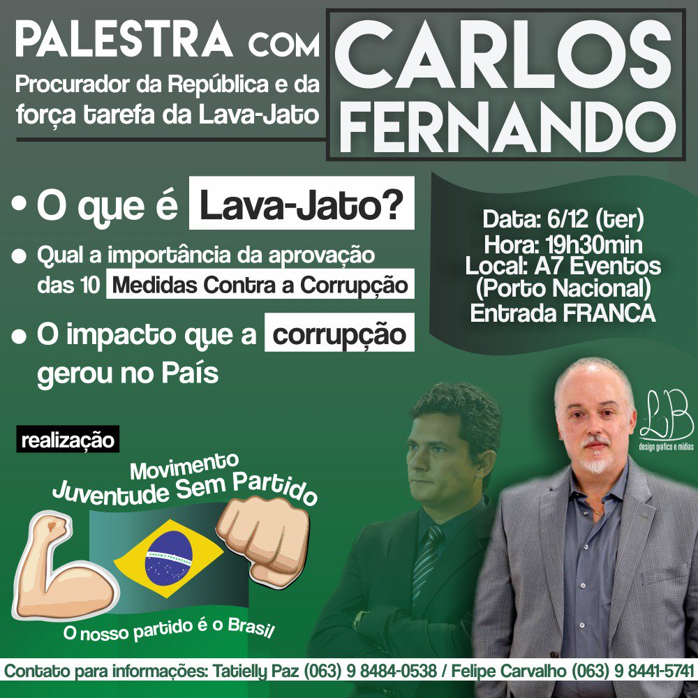 O Movimento Juventude Sem Partido promove palestra gratuita com o procurador da República e da força-tarefa da Lava Jato. Saiba mais: