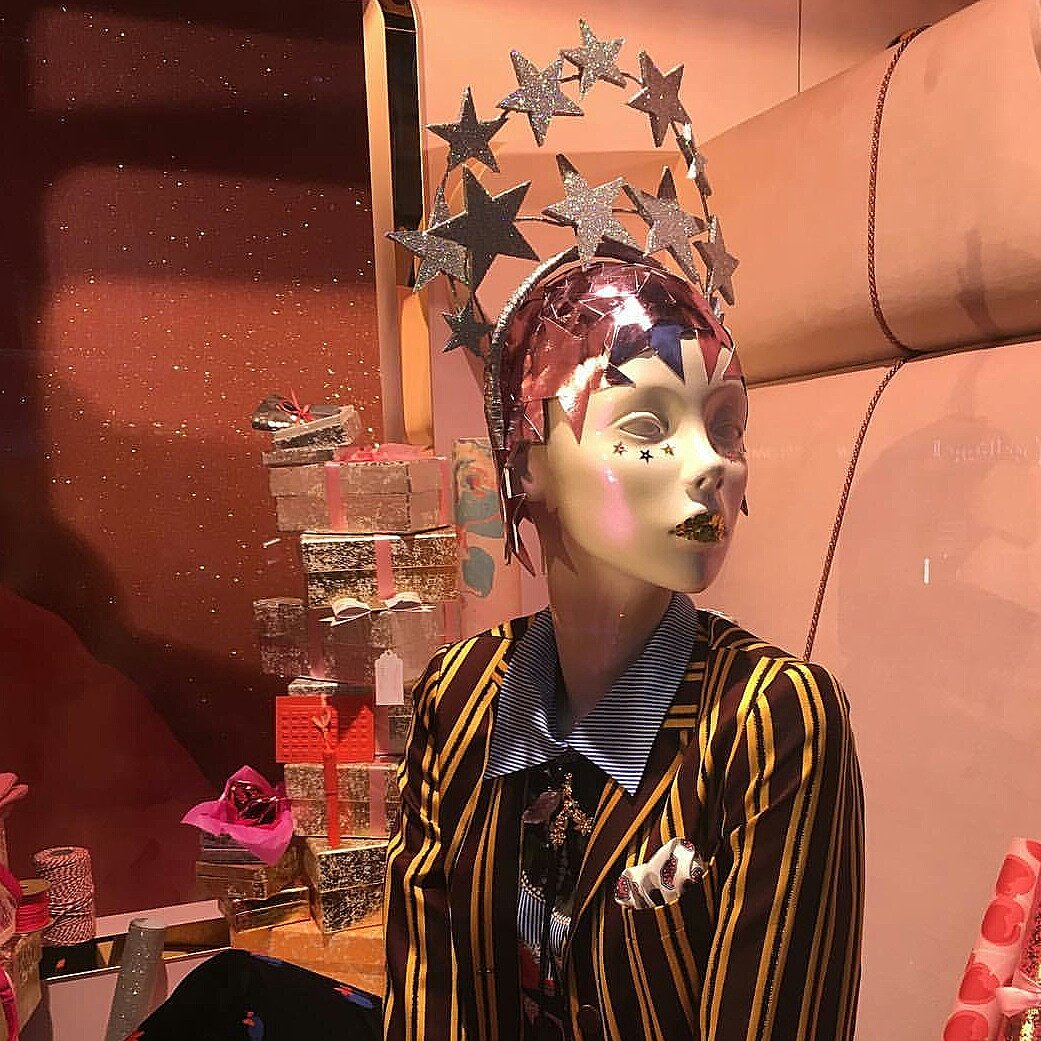 Jay Briggs leather cap headpieces <a href="/HPRLONDON/">Harriet Potter</a> in the <a href="/Selfridges/">Selfridges</a> christmas windows.