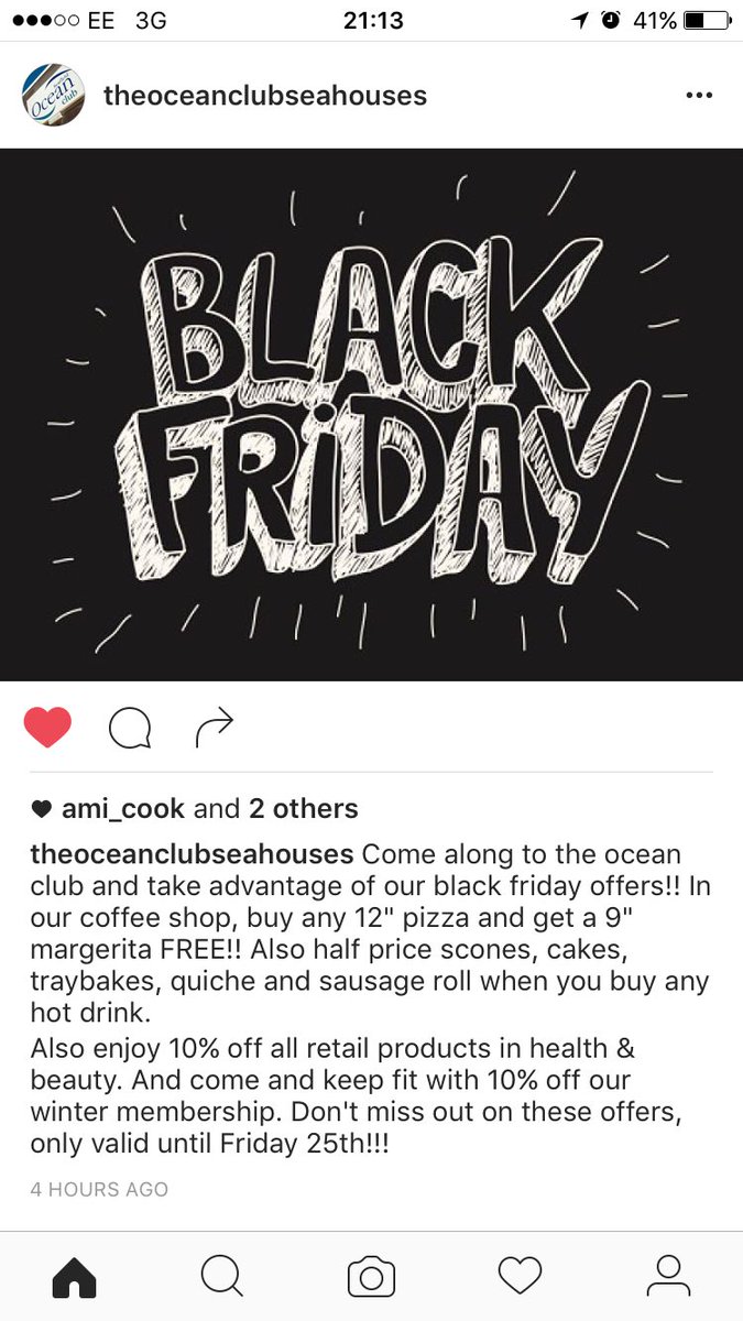 TheOceanClub1's tweet photo. Black Friday offers tomorrow @TheOceanClub1, 1/2 price tasty treats from our coffee shop too!! https://t.co/K2mCIUVyd0