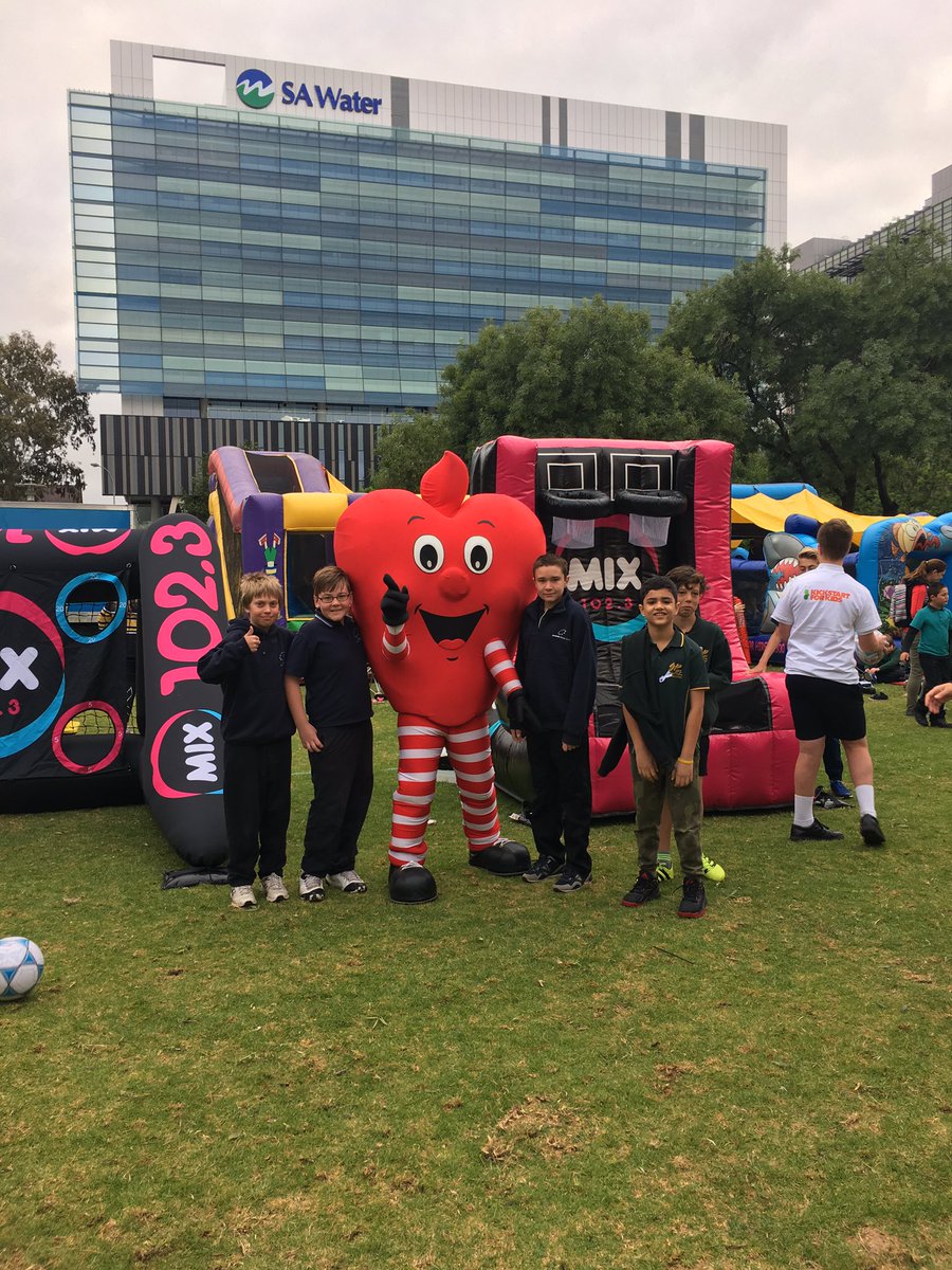 Our @HeartAust Happy Heart is having a great morning at the <a href="/Kickstartforkid/">KickStart for Kids</a> breakfast in Victoria Square with @Mix1023!